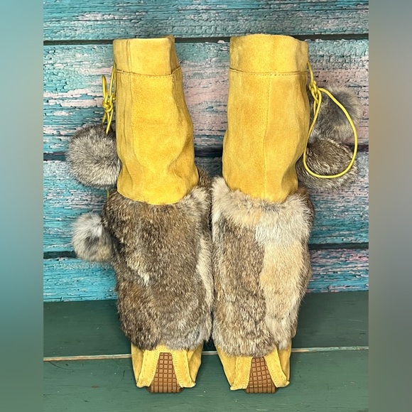 Vintage Naughty Monkey Eskimo Tall Suede Beaded Rabbit Fur Winter Boots Pom Poms - Picture 6 of 14
